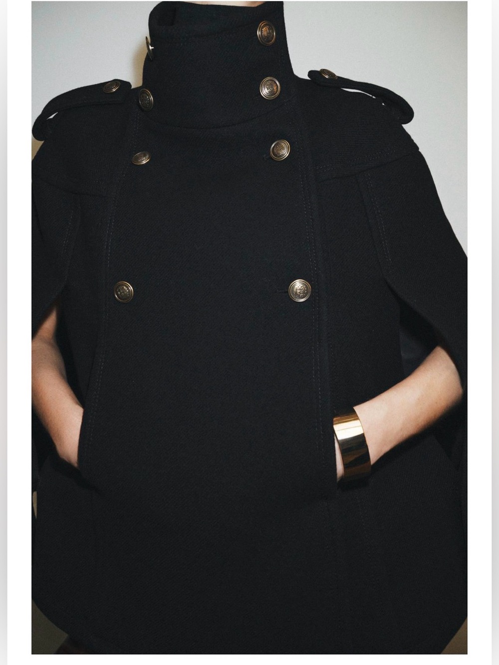Womens Black Military-Style Wool Cape Coat - Picture 7 of 12